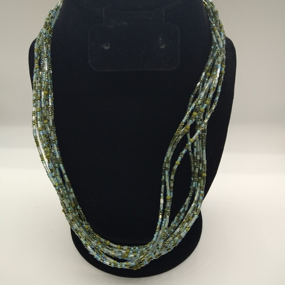 Green & Blue Multi 10 Strand Seed Bead 9" Costume Necklace - Picture 8 of 8